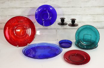 Mixed Lot Vintage Colored Glass Plates & Candle Holders  Red / Blue / Teal