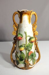 Antique Cream Majolica Vase- Vine And Fruit (note Some Chip To The Rim)