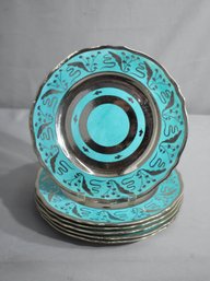 Set Of 6 Vintage Enamel Teal And Chrome Show Plates