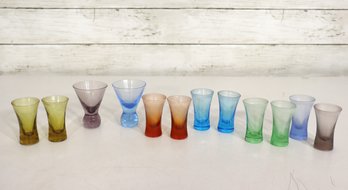 Lot Of 12 Vintage Hand Blown Multi Colored Shot / Cordial Glasses  Mixed Styles