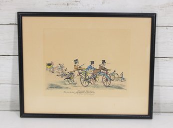 Vintage Cycling Humor Print Modern Olympics  Victorian Bicycle Cartoon  Framed  11.5' X 14.5'