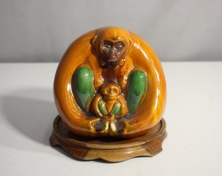 Vintage Ceramic Monkey Figurine With Wooden Stand  Hand-Painted Details