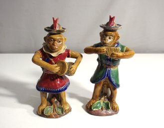 Hand-Painted Ceramic Musical Monkey Figurines  Pair Of Colorful Characters