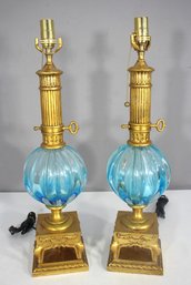 Pair Of 25' Vintage Hollywood Regency Blue Glass & Gilded Metal Table Lamps