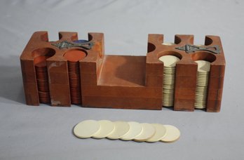 Vintage Mahogany Poker Chip Caddy And Substantial Number Of Red, White, Blue Poker Chips