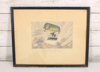 Vintage French Aviation Print Le Cheval Aronaute  Early Balloon Flight Scene  Framed  11.5' X 14.5'