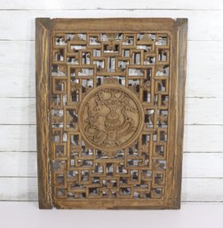 Hand-Carved Wooden Lattice Panel W/ Dragon Medallion  Asian Decorative Wall Panel  23 X 17