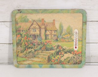 Vintage Cottage Garden Thermometer Wall Plaque  English Country Scene  8.5' X 10.5'