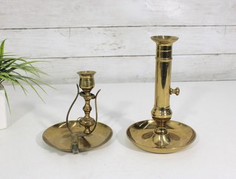 Vintage Brass Candlestick Holders Pair Push-Up Chamberstick & Tall Candlestick  5.5' & 7.5'
