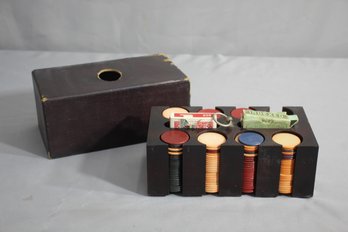 Vintage Wooden Covered Poker  Caddy With Chips And Cards
