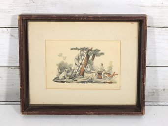 Vintage Hand-Colored Style Illustration Print  Rural Scene With Figures  Framed  8' X 9.5'