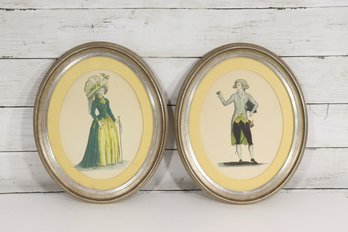 Pair Vintage Oval Framed Prints  Georgian / Regency Costume Illustrations  Gold Frames  12 X 9.5