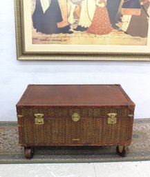 Milling Road By Baker Furniture Leather & Wicker Trunk On Casters  20'H X 36'W X 22.5'D