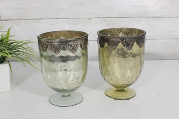 Pair Vintage Mercury Glass Candle Holders  W/ Metal Overlay  Hand Blown  7'H X 5'