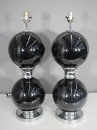 Pair Of 30' Vintage Hollywood Regency Crackle Glass & Chrome Table Lamps