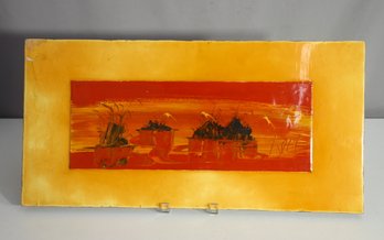 Vintage Abstract Enamel Art Panel With Wooden Backing