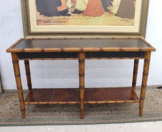 Vintage Faux Bamboo Console Table With Embossed Leather Top  31'H X 54'W X 18'D
