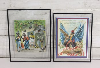 Vintage Framed Prints Lot  Patriotic Americana & Illustrated Genre Scene  14 X 11 & 13 X 10