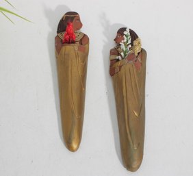 Pair Vintage Egyptian Revival Wall Plaques  Hand Painted Figures  8.5'H