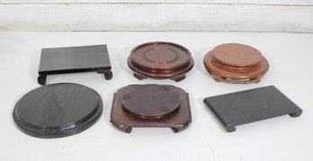 Group Lot Of 6 Mixed Display Bases & Stands  Wood, Acrylic & Metal Pedestals