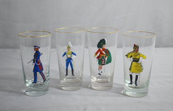 Group Of 4 Vintage Gold Rim Regimental Dress Soldier Decorated Highball Glasses