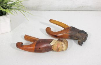 Pair Of Antique Hand Carved Wooden Nutcrackers  Figural Folk Art Tools