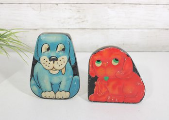 Vintage Pair Of Dog Tin Trinket Boxes  Colorful Blue & Red Puppy Metal Storage Tins