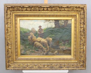 Signed Pastoral Scene With Shepherd And Flock  Oil On Canvas, Ornate Gilt Frame