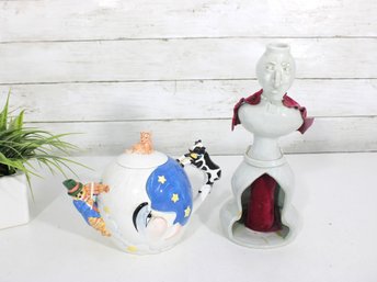 Whimsical Ceramic Teapot & Bust Sculpture Set  Figural Teapot W/ Cow Handle & 11' Bust (6.5')