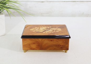 Vintage Inlaid Wood Jewelry Music Box With Floral & Musical Instrument Design – 5.5'