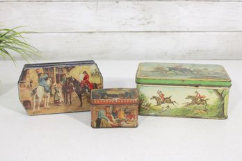 Lot Of 3 Vintage Decorative Tin Boxes  English Hunting Scene & Victorian Style Lithograph Tins
