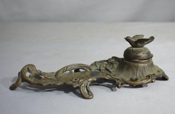 Vtg ITALY BRASS Inkwell Hinged Lid Bird ART NOUVEAU Style Pen Rest -NO INSERT