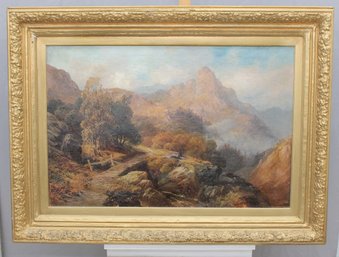 Signed Mountain Landscape With Winding Path  Oil On Canvas, Gilt Frame