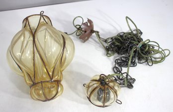 Vintage Amber Glass Swag Pendant Light - 13H