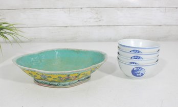 Asian Ceramic Serving Bowl & Set Of 4 Blue And White Rice Bowls  Floral Oval Bowl Lot