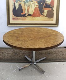 Mid-Century Modern Round Parquet & Laminate Table  48 Diameter, Chrome Base