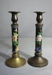 Pair Of Vintage Chinese Cloisonne & Brass Candlesticks