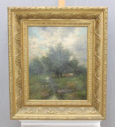 Pastoral Landscape With Cattle  Oil On Canvas, Gilt Frame