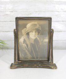 Antique Art Nouveau Style Metal Picture Frame W/ Sepia Portrait  12' X 10'