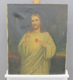 Signed Sacred Heart Of Christ  Devotional Oil On Canvas-Unframed, Canvas Size: 24' X 20'