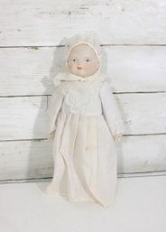 Vintage 11' Baby Doll In White Christening Gown & Bonnet  Porcelain/Composition Head Doll