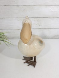 Vintage Ceramic & Metal Pelican Figurine  Coastal Bird Decor  Beige Finish  9'H