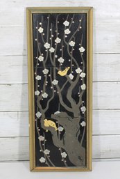 Vintage Hand-Painted Decorative Panel W/ Birds & Blossoms  Framed Wall Art, 19' X 7.5'