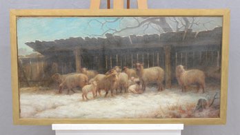 Pastoral Scene With Sheep In Winter Shelter  Oil On Canvas, Framed