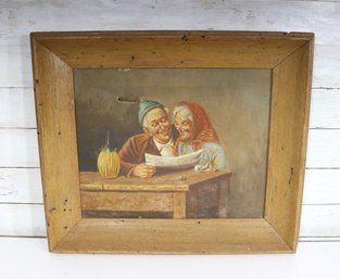 Signed Vintage Genre Painting Of Elderly Couple Reading  Framed Oil On Board  18 X 21-rip