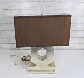 Vintage Modernist Table Lamp  22' Silver Geometric Base With Brown Rectangular Shade
