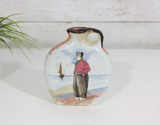 Antique 1920s Dutch Hand Painted Ceramic Bottle  Gouda Folk Art Flask Windmill Scene 5.5' (Missing Top)