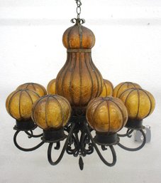 Vintage Spanish Revival Wrought Iron & Amber Glass Chandelier  6-Light.  35'h X 28' Round