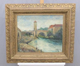 Signed French River Landscape, Orthez  Oil On Canvas, Gilt Frame