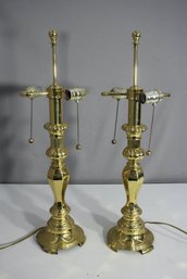 Pair Of Polished Brass Table Lamps With Dual Light Fixtures